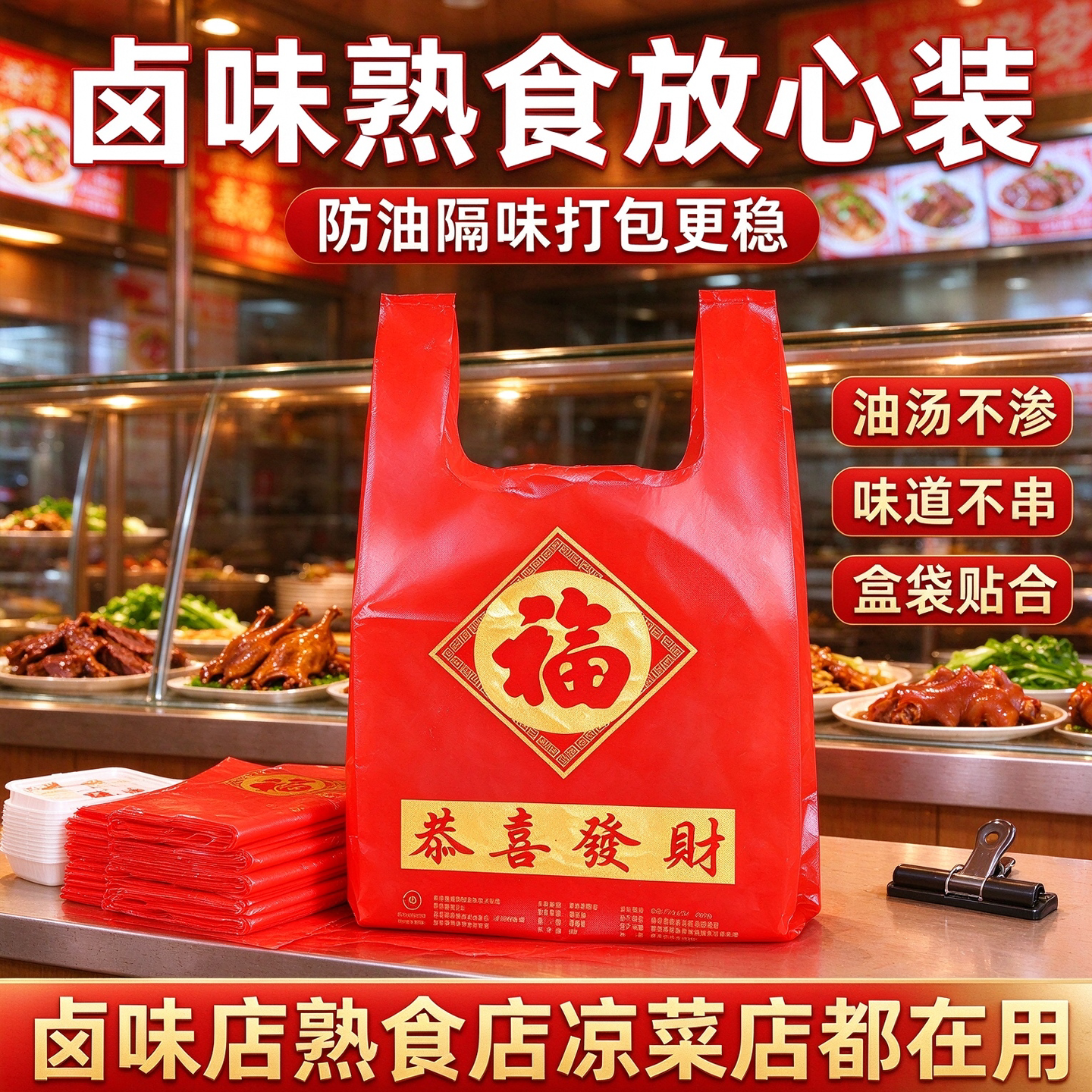 福字红袋食品背心袋卤菜鸭货熟食外卖袋喜庆加厚款防漏商用塑料袋