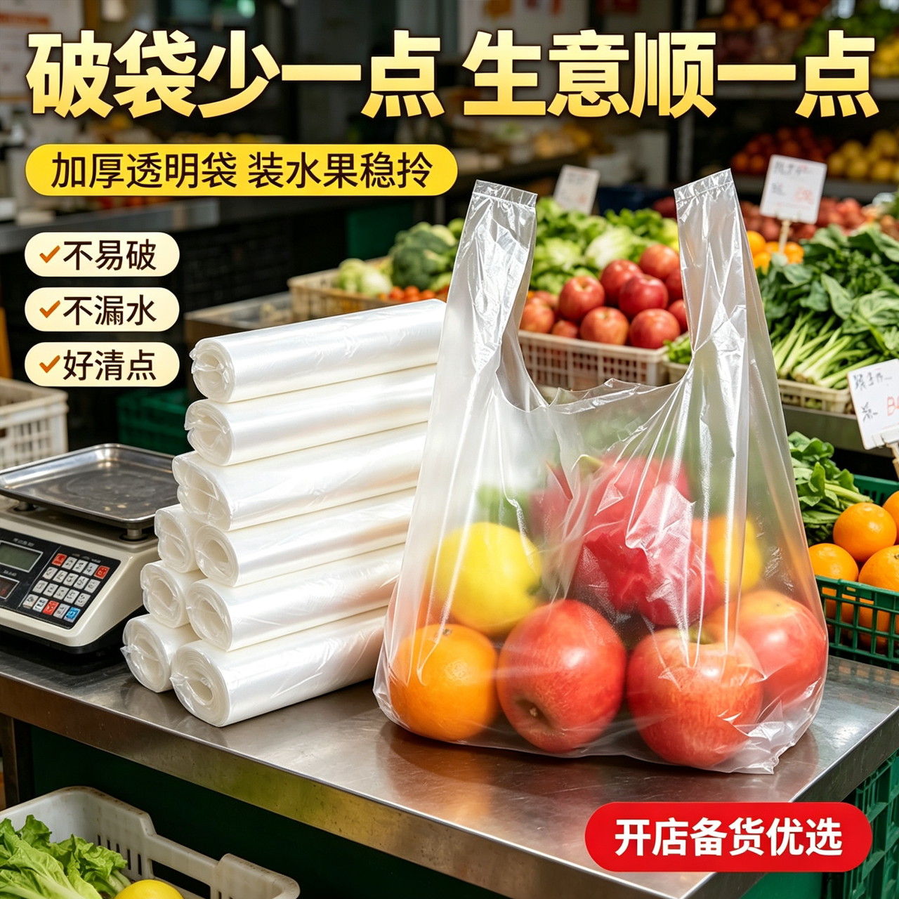 果蔬摊水果专用塑料袋加厚防撒漏水果店商用打包背心袋批发透明袋