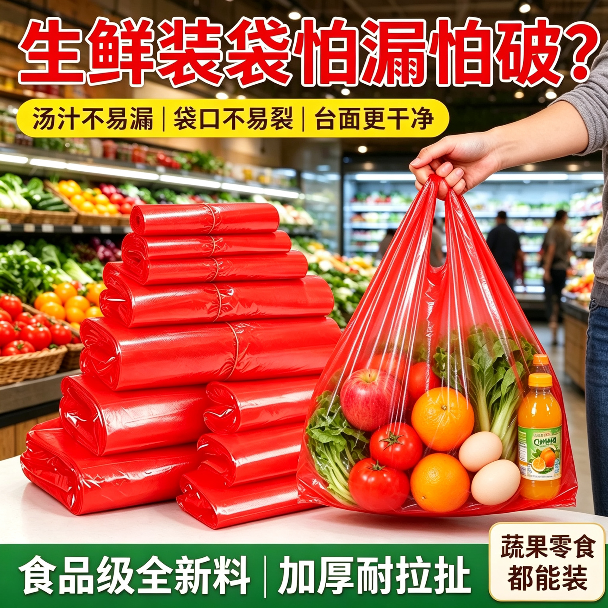 门店采购红手提塑料袋多尺寸副食红背心袋便利店多规格生鲜打包袋