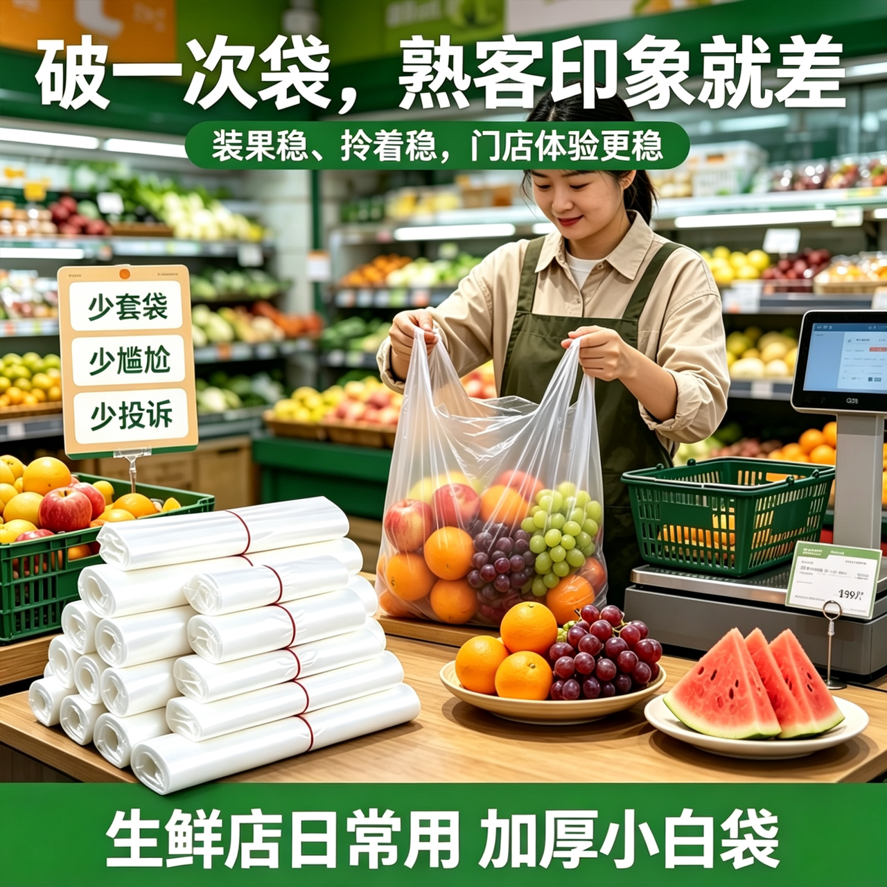 生鲜店果蔬袋手提式打包袋食品级PE全新料加厚无异味采购袋塑料袋