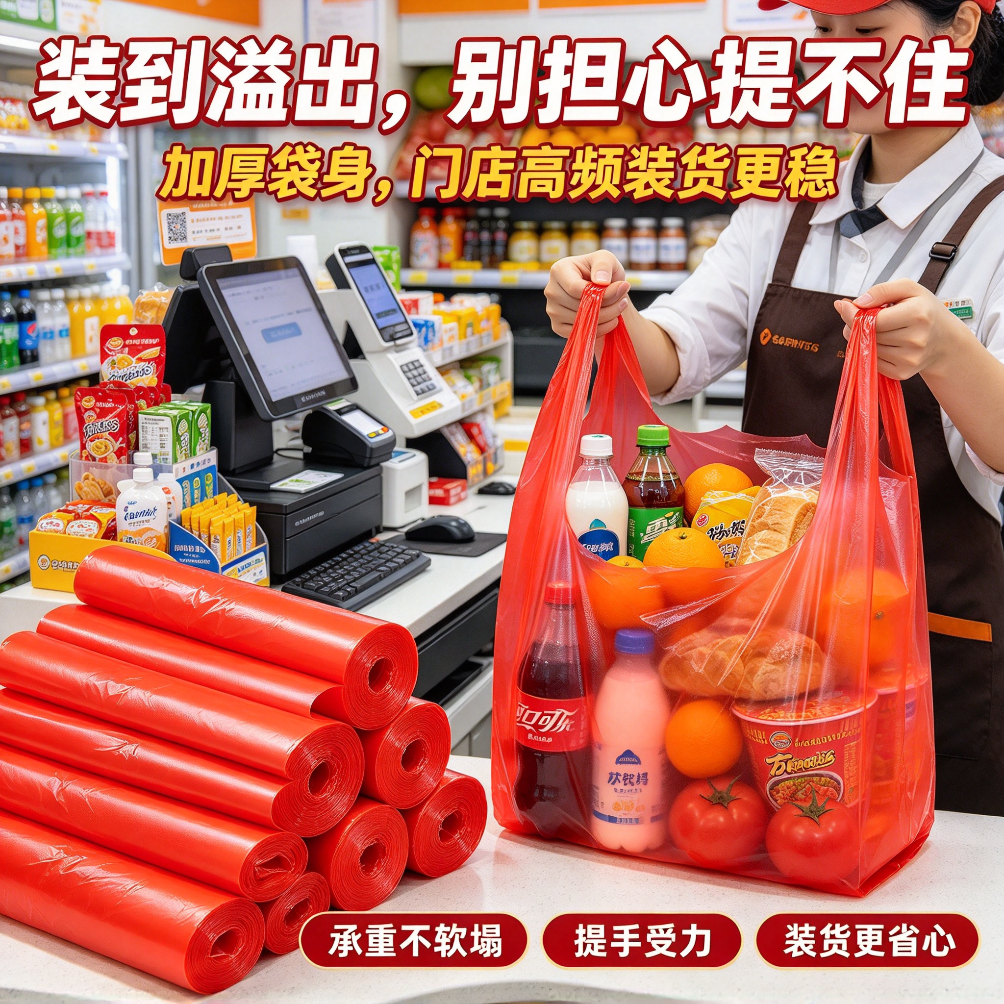 商超便利店收银红色塑料袋易撕果蔬副食高承重背心袋手提袋购物袋