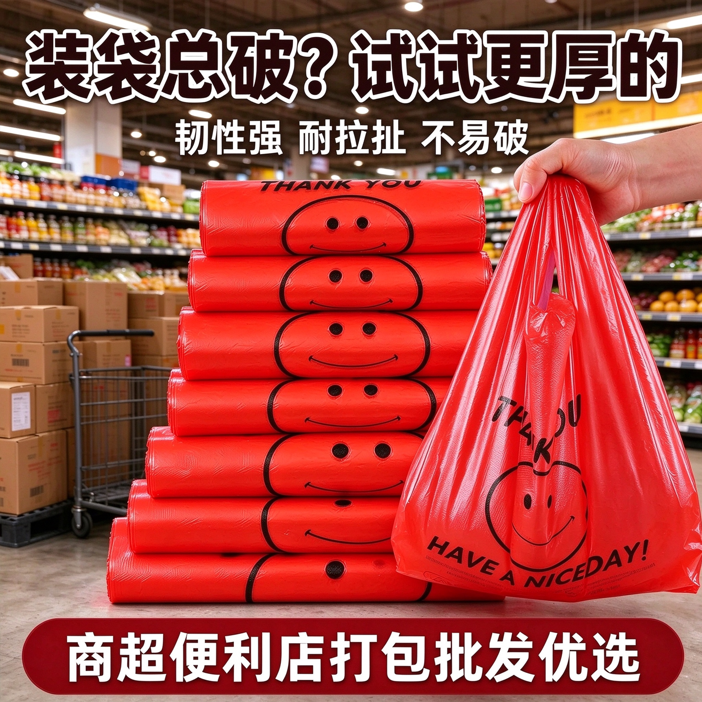 红色笑脸一次性手提背心袋便利店副食店打包塑料袋超市商用购物袋