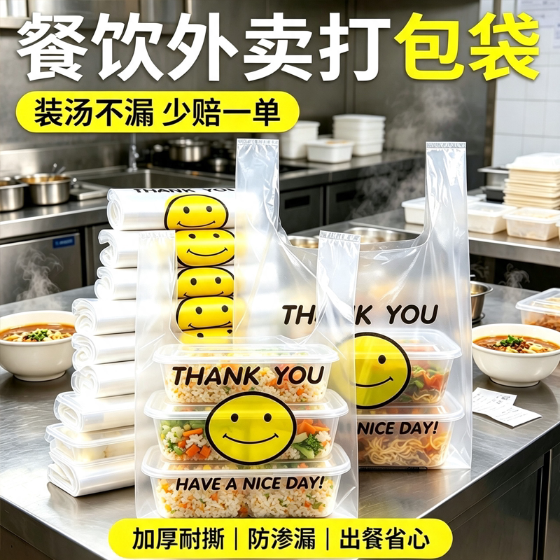 笑脸商用外卖打包袋食品级全新料加厚餐饮外卖手提袋透明背心袋子图片