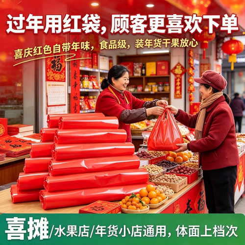 年货集市食品打包袋红色加厚马甲袋干果糖果摆摊手提背心袋塑料袋