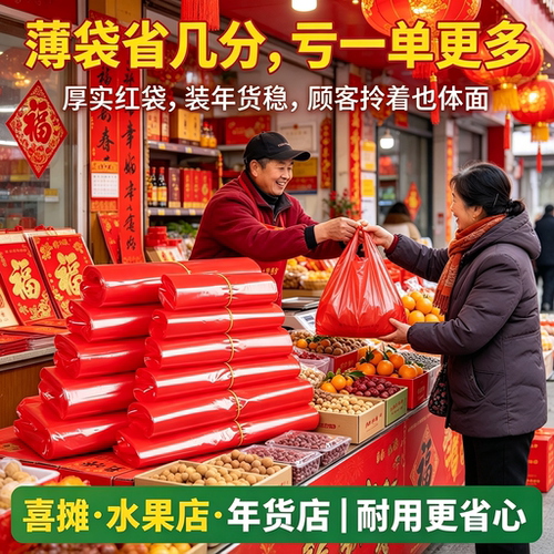 年货摊贩喜庆分装袋红袋干果鲜果礼盒摆摊加厚手提袋背心式塑料袋