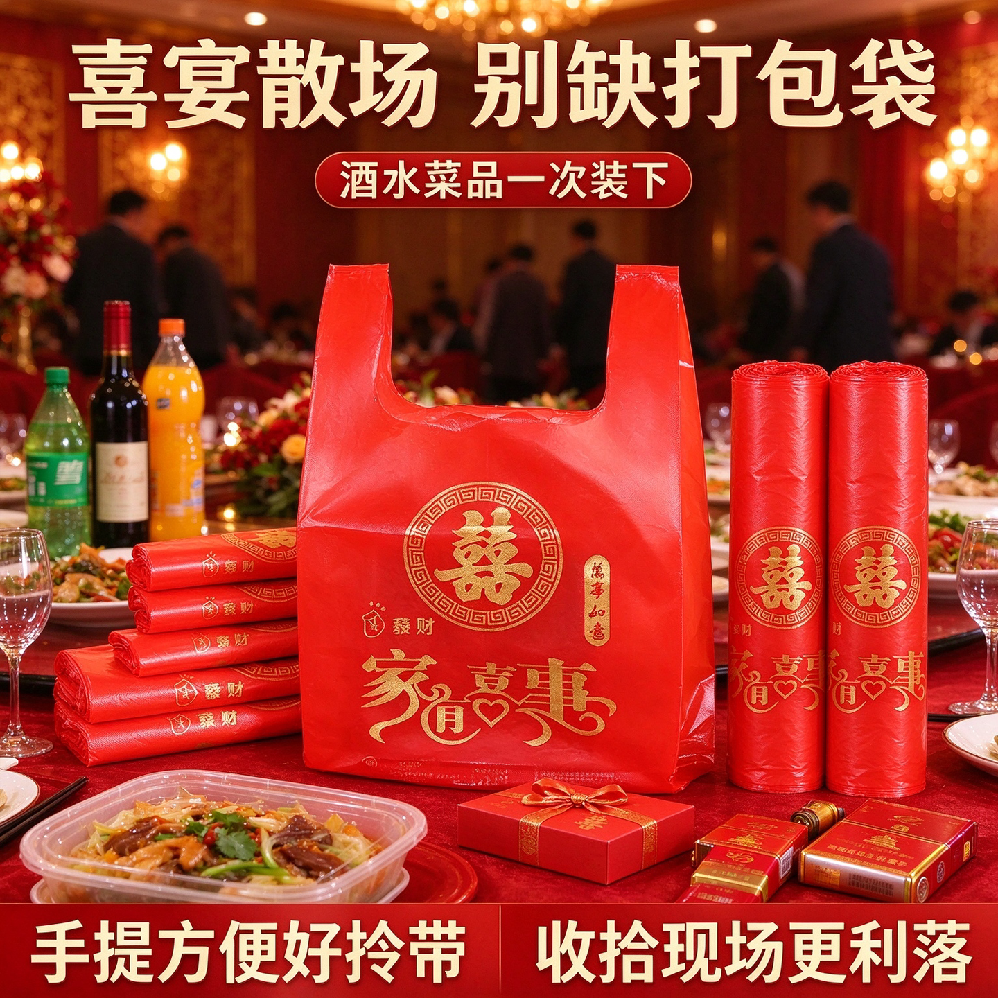 红色喜袋结婚大号手提塑料袋婚庆喜事礼品打包袋喜糖背心式方便袋