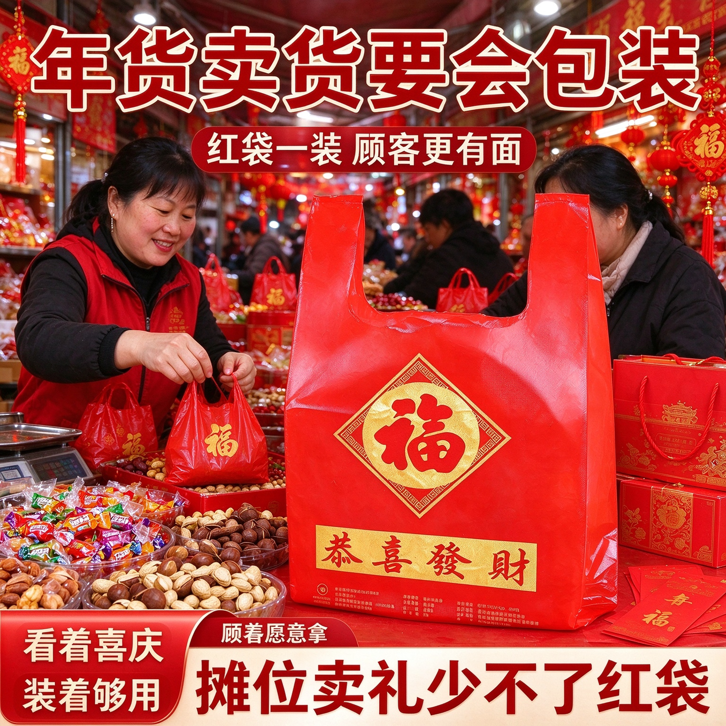 年货副食店红喜塑料袋现货速发加厚背心袋烟酒糖果春节送礼打包袋