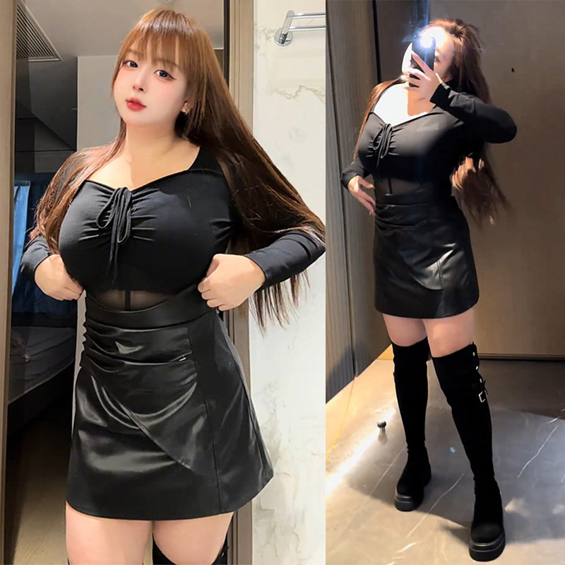 大码短裙套装春小个子辣妹微胖mm遮肚显瘦方领长袖上衣+包臀皮裙,女装/女士精品,大码套装,淘宝优惠券,粉丝福利购,淘宝优惠卷