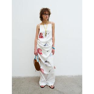 Red 海螺纹样印花吊带侧边抽绳可调节连衣裙 Ref