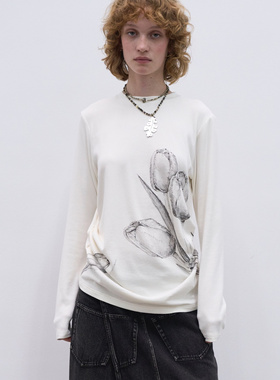 RedRef 长袖上衣手绘素描郁金香打褶打底衫长袖T恤女新款