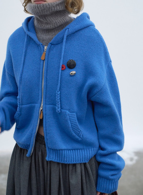 REDREF 多彩纽扣撞色开衫连帽毛衣