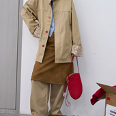 REDREF 双面可穿卡其格纹撞色牛骨扣风衣