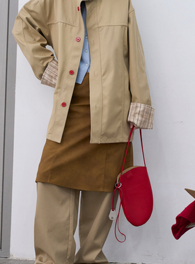 REDREF 双面可穿卡其格纹撞色牛骨扣风衣