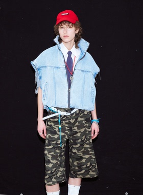 redref 无袖拉链高领翻领水洗浅蓝色牛仔马甲