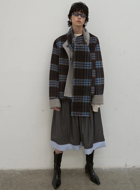 redref 双面可穿两色羊毛格纹呢子附围巾外套