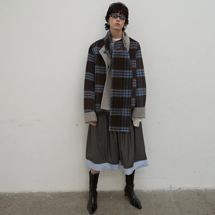 redref 双面可穿两色羊毛格纹呢子附围巾外套