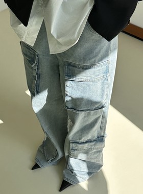 RedRef 工装百搭浅蓝色水洗阔腿时尚休闲牛仔长裤