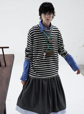 RedRef 条纹针织长袖两色撞色纯羊毛打底衫