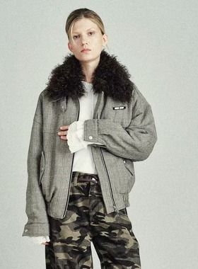 redref 复古格纹拼接毛领夹克