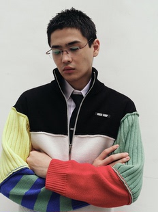 redref 高领夹克 羊毛撞色解构拼接补丁针织长袖