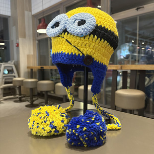 小黄人毛线帽子女秋冬保暖护耳针织帽可爱卡通毛球护耳雷锋帽冷帽