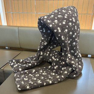 甜美少女帽子围巾一体小碎花珊瑚绒连帽帽子秋冬加厚保暖毛绒帽潮