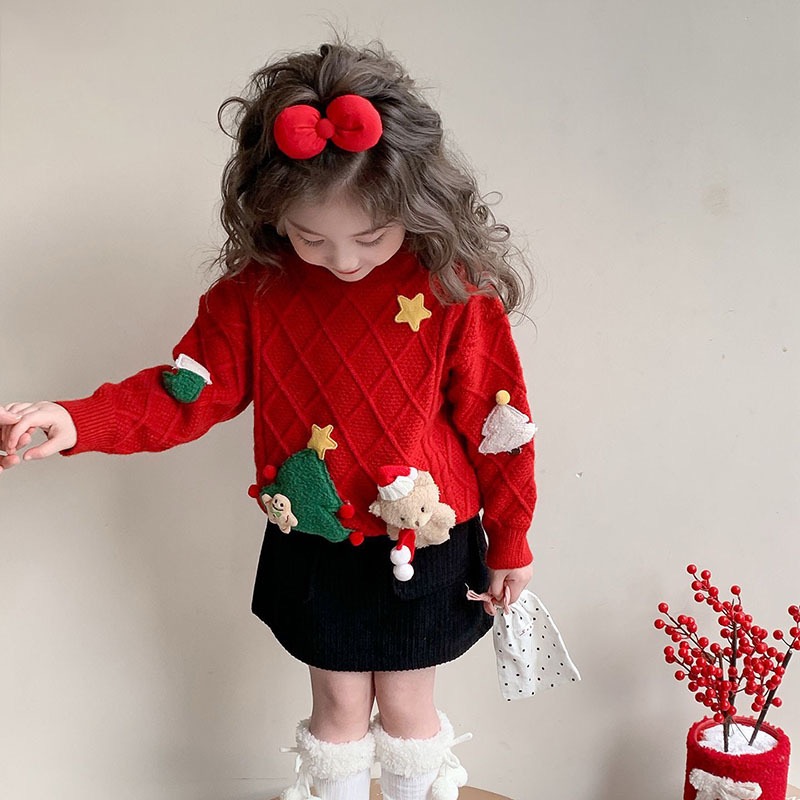 亲子儿童红色圣诞毛衣男女童秋冬款洋气格子圣诞树针织衫韩系上衣
