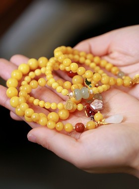 设计款鸡油黄佛珠手串蜜蜡复古