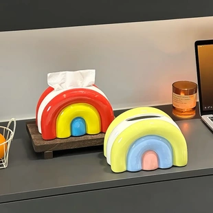 饰品摆件 卡通风彩虹陶瓷纸巾盒简约创意家居摆件家用客厅高颜值装