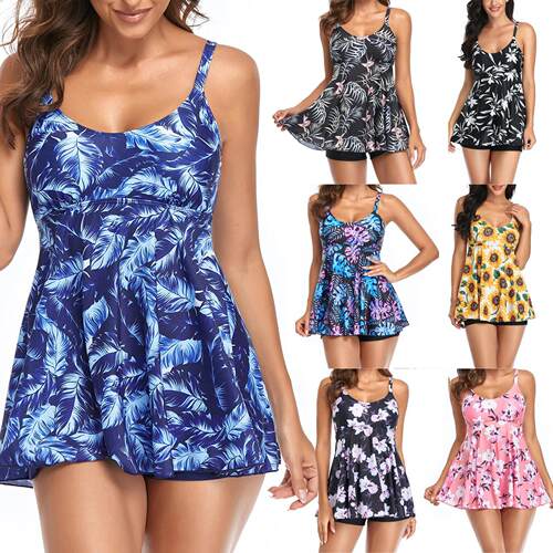2Pcs Women Swimwear, Leaf/Flower Print Scoop Neck Padded Tan
