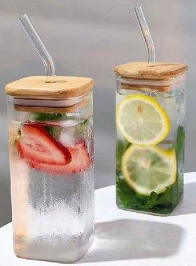 Glass Drinking Cup 350ML with Straw Glass Tumbler Beverage