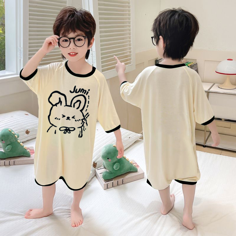 儿童宝宝连体睡衣家居服夏季新款莫代尔男童睡裙一粒扣空调防着凉