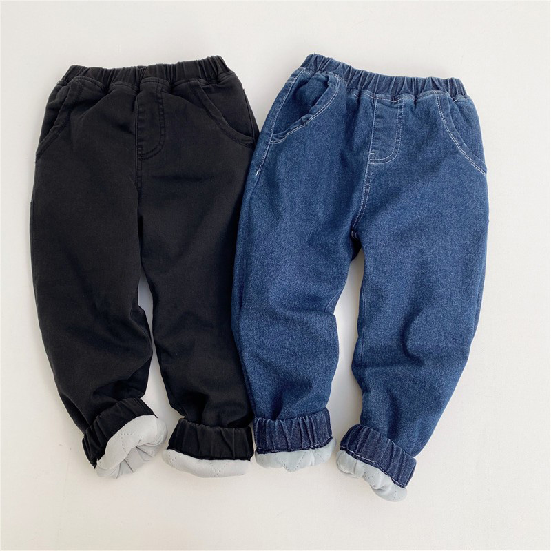 女童北方一条过冬三层夹棉牛仔裤