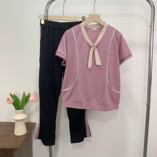 时尚妈妈夏装套装中年洋气短袖上衣女中老年夏季休闲运动服两件套