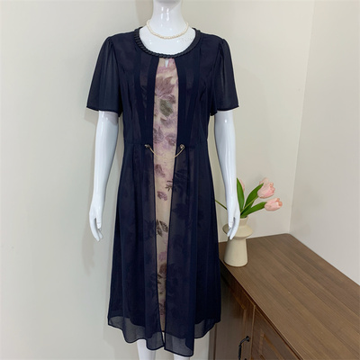 妈妈夏装短袖假两件显瘦连衣裙女