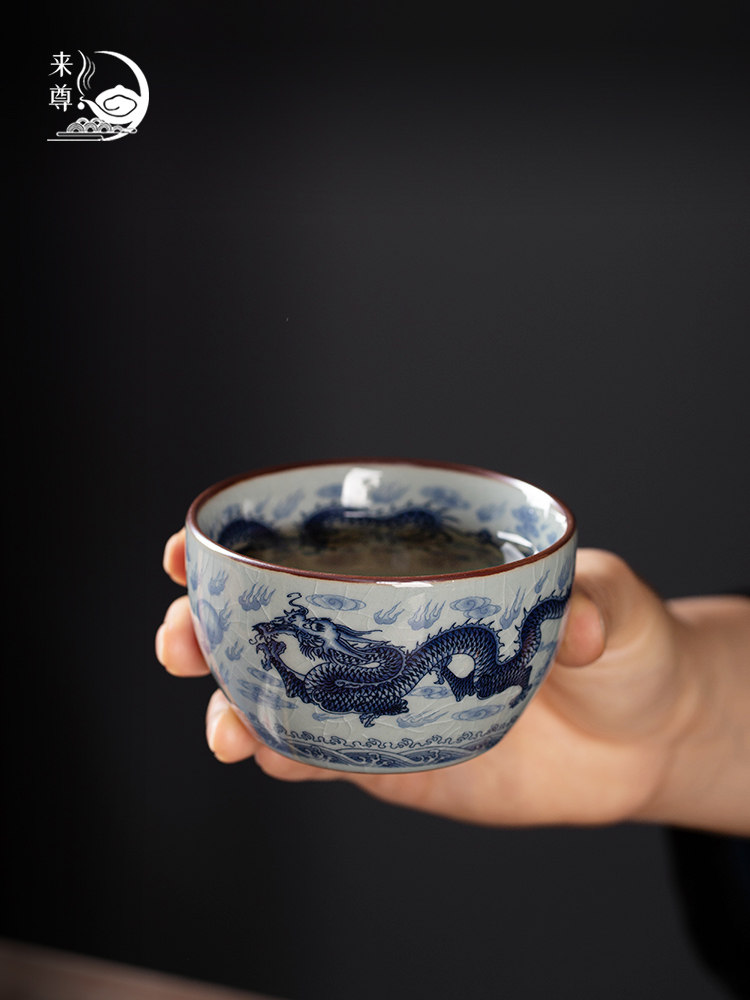 老陶泥青花龙纹卧足杯大号主人杯茶杯子家用陶瓷杯功夫茶盏喝茶碗