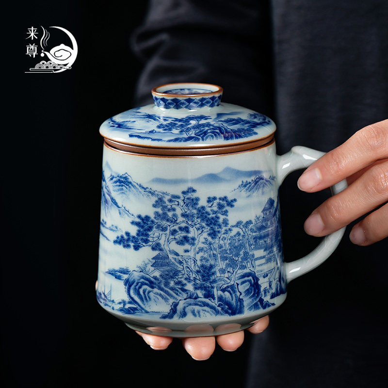 青花瓷茶杯千里江山图办公杯个人专用陶瓷过滤带盖子茶水分离杯定