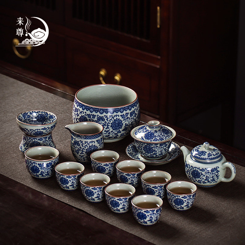 景德镇手绘青花瓷缠枝莲功夫茶具茶壶套装陶瓷家用办公盖碗茶杯子