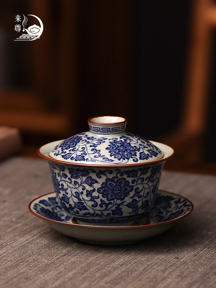 景德镇青花瓷缠枝莲盖碗茶杯家用2025新款陶瓷泡茶碗功夫茶具套装