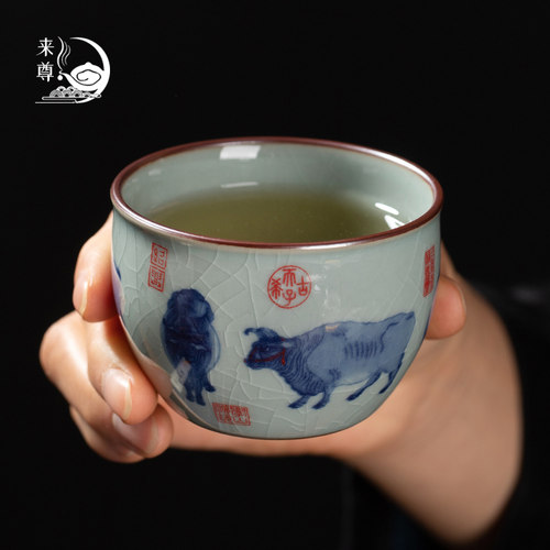 青花瓷五牛图主人杯 老陶泥功夫茶杯 陶瓷品茗杯120ml 手工中式复