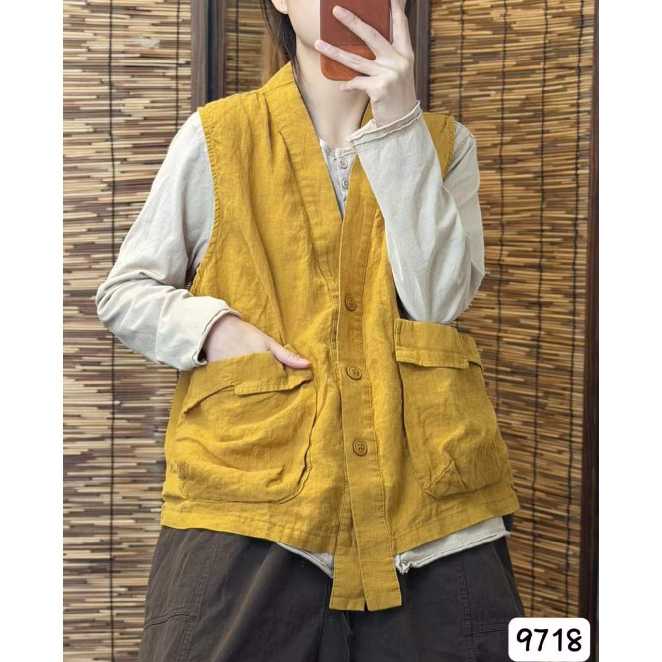 9718希哦正品亚麻复古工装大口袋圆领宽松百搭休闲马甲女款图片