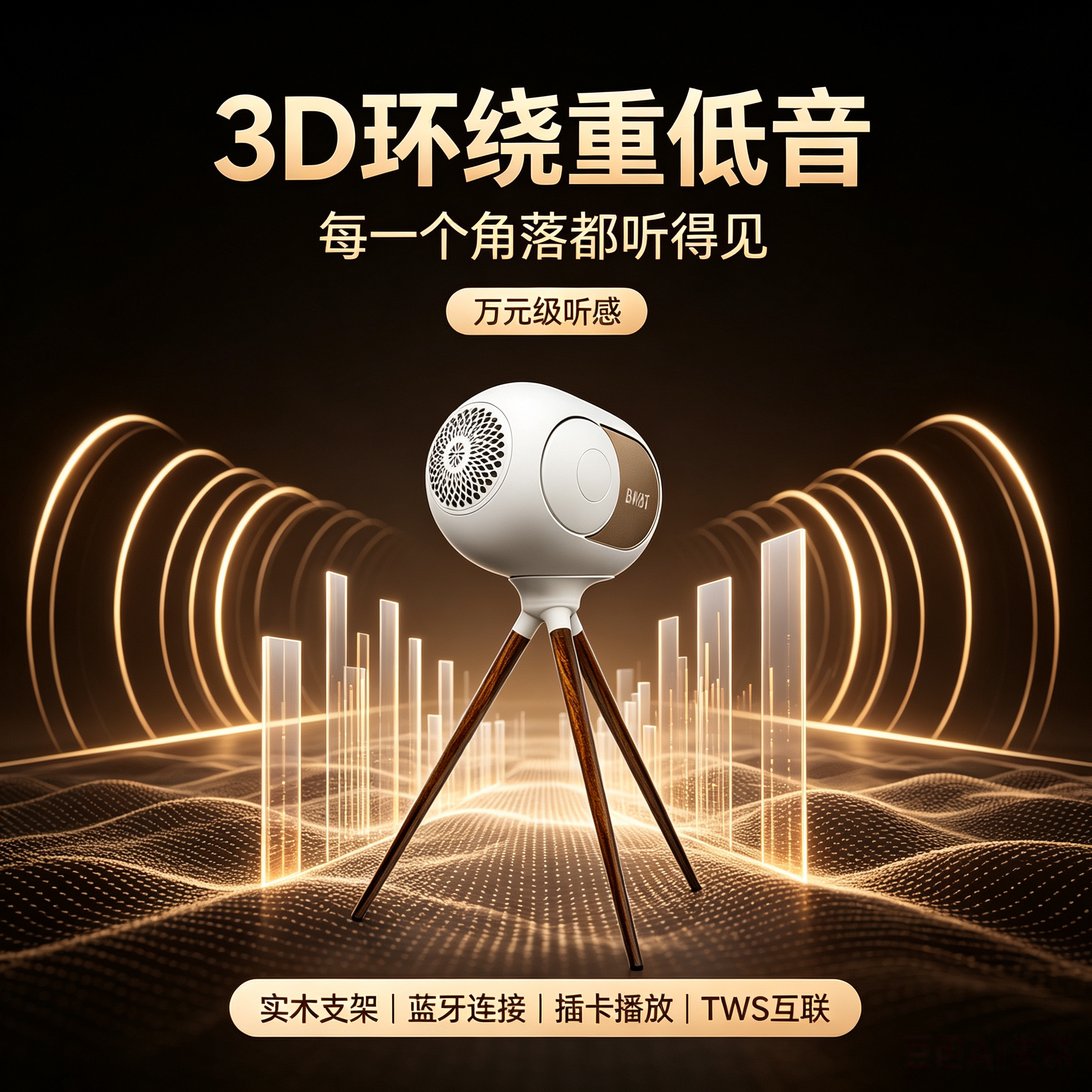 巨蛋球形蓝牙音响大功率重低音实木三脚支架居家摆件TWS串联音箱