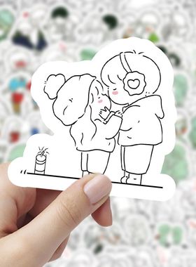 125张 简约简笔画可爱情侣贴纸ins风卡通奶萌手账贴画diy手机平板