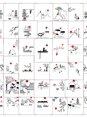 103张古村绘画贴纸古风山水水墨涂鸦简笔画装饰笔记本防标签贴画