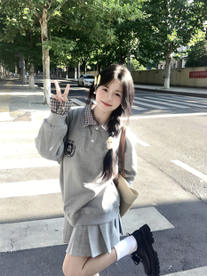 格纹polo领拼接假两件卫衣女秋季薄款学院风美式覆古宽松上衣无帽