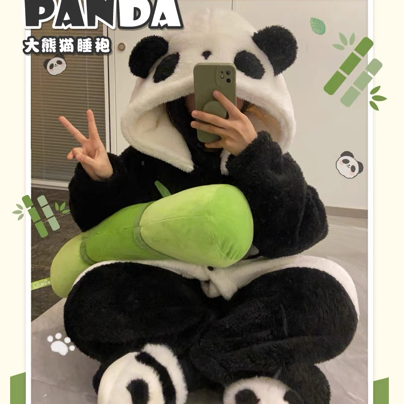 熊猫睡袍珊瑚绒睡衣女秋冬新款长款加厚冬季家居服可爱女款睡裙男