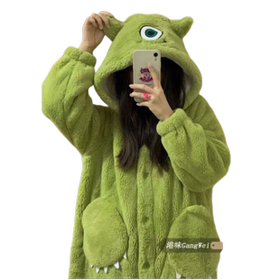 大眼仔珊瑚绒睡衣睡袍女2024新款秋冬季加厚保暖长款睡裙卡通浴袍