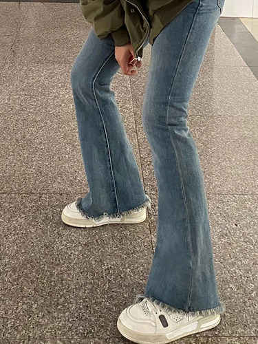 梨形身材大码高腰牛仔裤女春季新款胖mm遮胯显瘦弹力毛边微喇叭裤