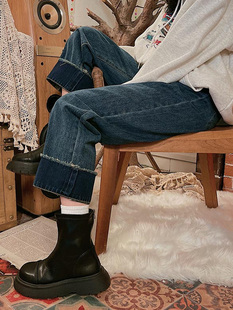 胖mm显瘦马丁靴裤 梨形身材卷边直筒牛仔裤 女装 大码 子 女春秋阔腿裤