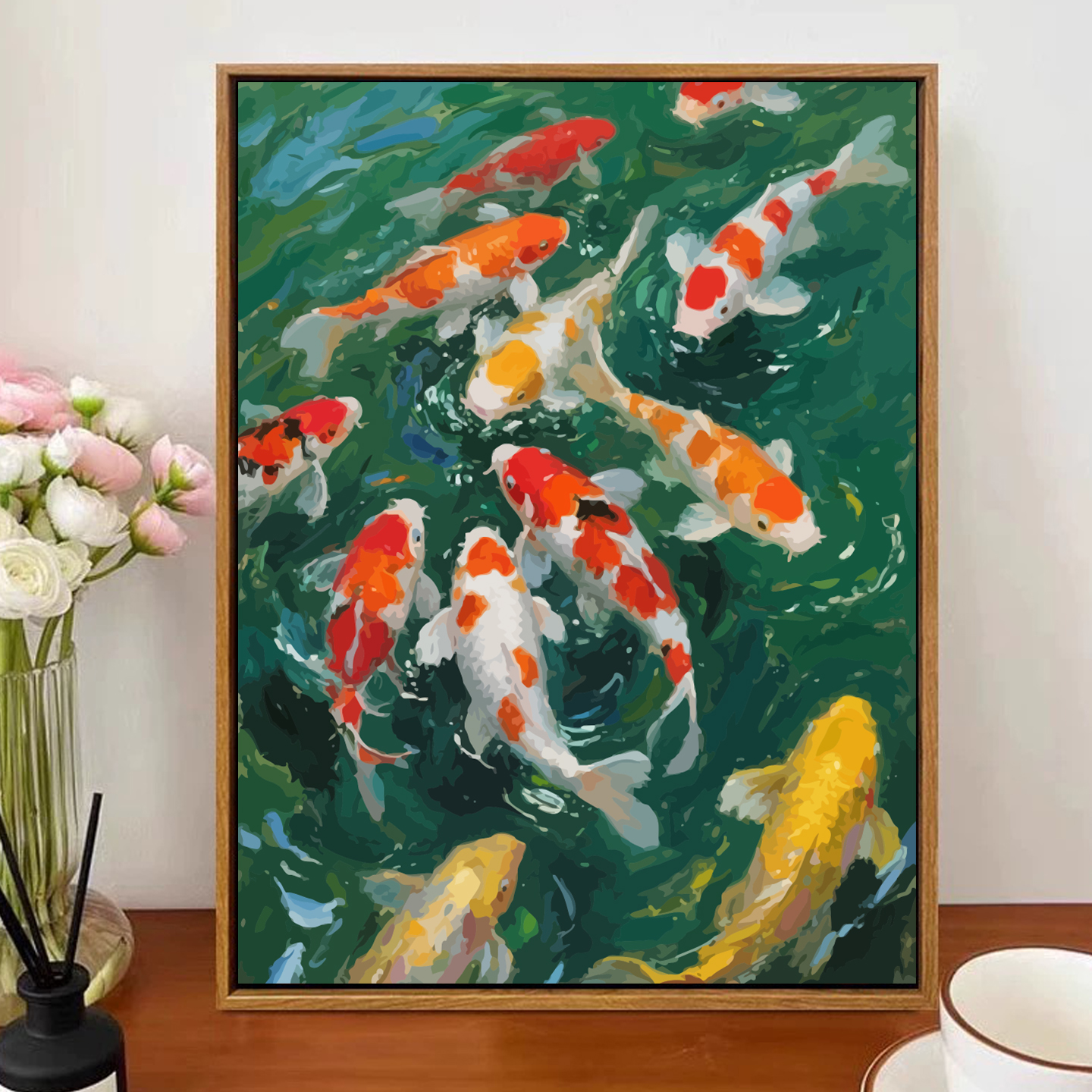 好运锦鲤鱼池数字油画diy手绘填充艺术礼物客厅摆件丙烯画装饰画图片